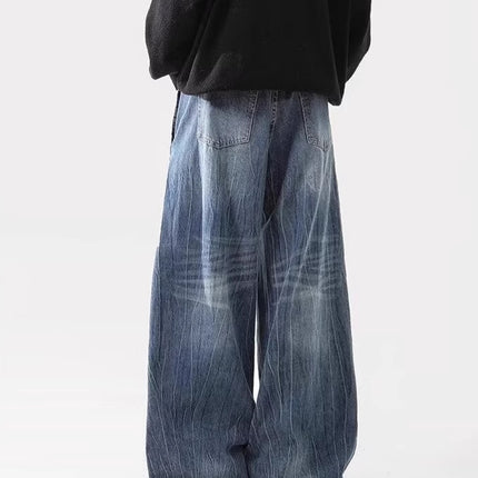 American High Street Vibe Lightning Crack Blue Jeans for Men and Women Trendy Straight Wide-Leg Pants Cross-Border Hot Style