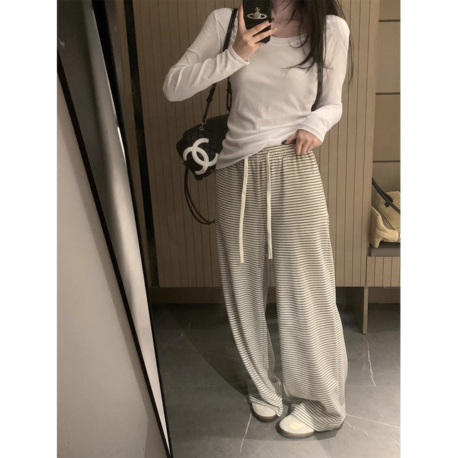 Striped Knit Wide-Leg Pants for Women, Autumn Relaxed Lazy Loose Slimming Casual Pants, Floor-Length Casual Pants for Women