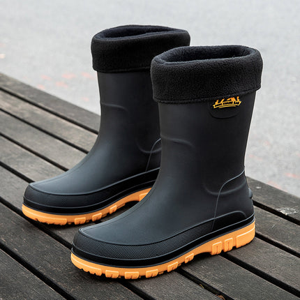 German Mid-Calf Rain Boots Men's Non-Slip Waterproof Mid-Calf Rain Boots Autumn and Winter Cotton Car Wash Work Rubber Shoes Fishing Water Shoes
