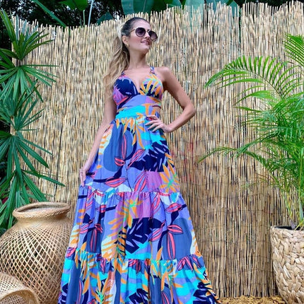 2025 Cross-Border Spring and Summer New European and American Fashion Printed Sexy Dress Suspender Deep V Sleeveless Backless Long Skirt
