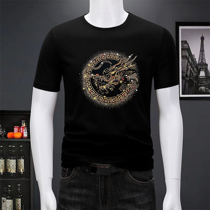 Ouzhanzhou Trendy Men's New Hot Drilling T-shirt Fashionable Slim-fit Large Size Light Luxury Men's Short-sleeved Summer Ice Silk Quick-drying