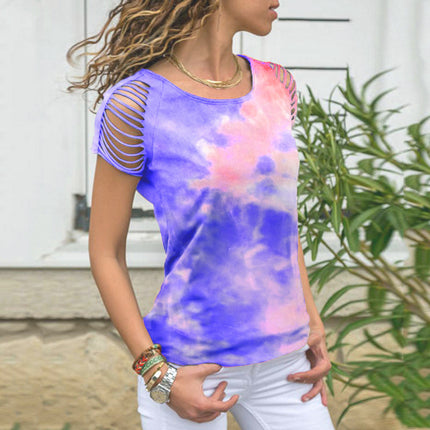 European and American cross-border 2023 Summer Amazon WISH foreign trade new women's tie-dyed ripped burnt flower off-shoulder short sleeve t-shirt