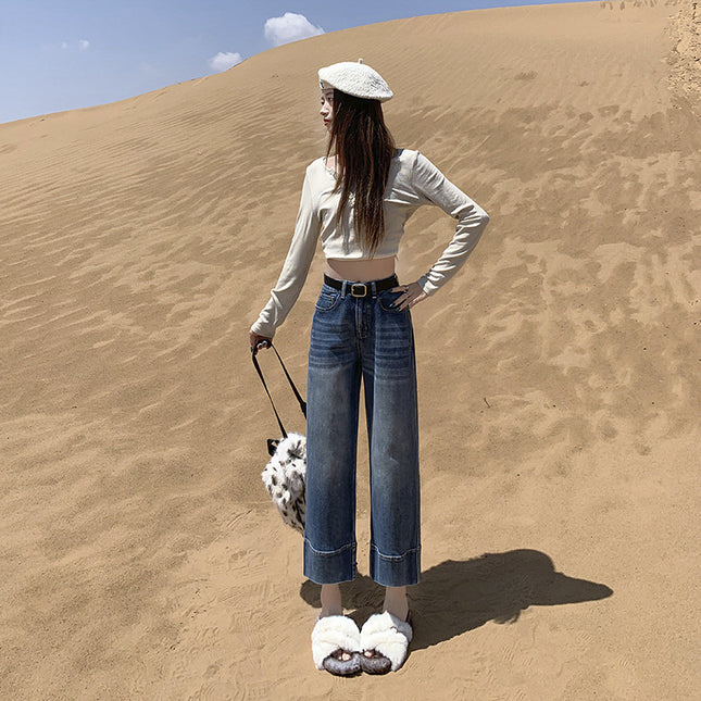 Attention Time Retro Cropped Jeans Children Autumn and Winter New High Waist Slimming French Stick Pipe Pants