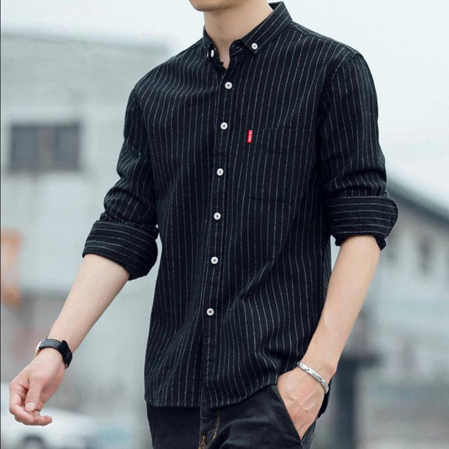 Shirt Men's Long-sleeved fleece-lined Thickened Korean Style Slim-fit Striped Scrub Men's Shirt Autumn Casual Trendy Coat