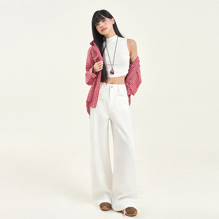High Waist Pocket Design Loose Slim Wide Leg Pants Women's All-match Straight Tube Dipped 2025 New Spring Festival Jeans