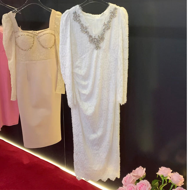 Autumn and Winter New French Niche Gentle Style Brushed Plus Velvet Lace Dress with Diamond Long Skirt