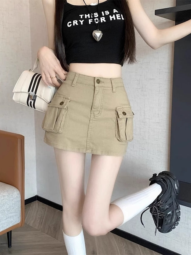 Khaki High-Waisted Slim-Fit Bodycon Mini Skirt for Women, 2025 Autumn New American Style Skirt Ins
