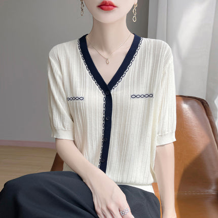 Tweed Style Contrasting Color Short-Sleeved T-Shirt Women's Niche Thin V Neck Half-Sleeved 2025 Summer New Knitted Women's Top