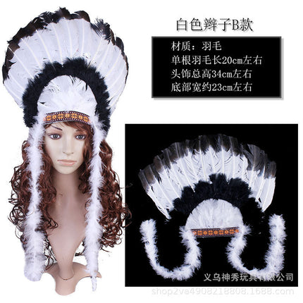 1Halloween Savage Cos Feather Headdress Indian Feather Headdress Red White Black Feather Indian Chief Cap