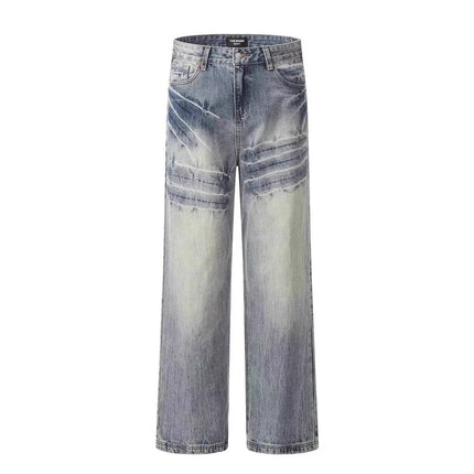 American Vibe High Street Retro Glacier Blue Fashionable Lightning Pattern Jeans Men's Washed Loose Straight Floor-Length Pants