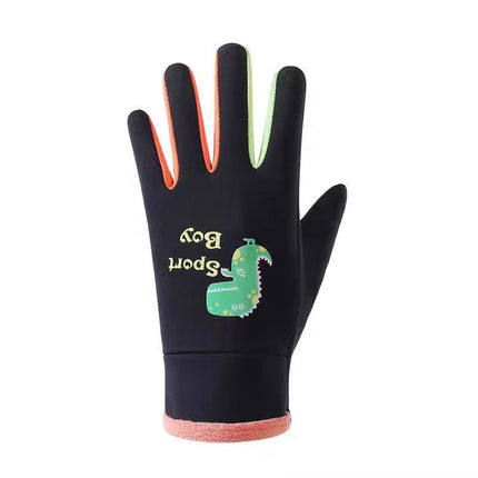 Ollie Velvet Children's Little Dinosaur Warm Non-Slip Five-Finger Outdoor Sports Cold-Proof Gloves for Baby Winter Adventure