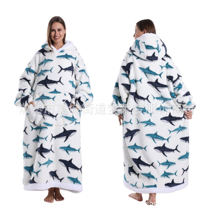 A generation of winter clothing lazy printed hoodie thickened and lengthened adult couples nightgown tk labeling cross-border