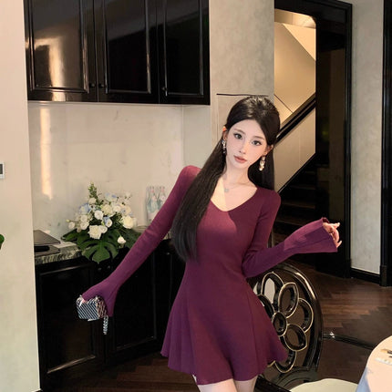 French Style Elegant V-neck Long-sleeved Knitted dress Women's Autumn Gentle Figure Inner Base Skirt A- line Skirt Short Skirt
