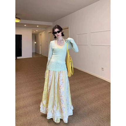 Mint Green Thin Layered V Neck Sun Protection Long-Sleeved T-Shirt for Women Summer Slimming Look Right Shoulder Pure Color Top