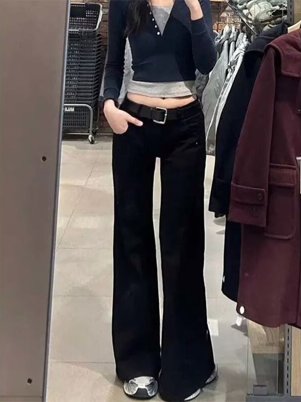 plus size American Style Hot Girl Low-waisted Black Micro-lar Jeans Women's Autumn New Style Small Slim Look Retro Mop Pants