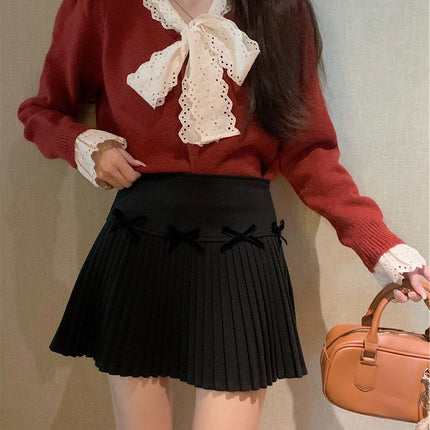 Bow-Knot Woolen Skirt for Women in Autumn and Winter, Anti-Exposure Culottes, Pleated Skirt, Small High-Waisted A-Line Skirt