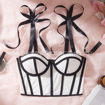 Cross-Border Hot-Selling Mesh Splicing Double-Layer Contrasting Ribbon Fishbone Steel Ring Sexy Sexy Camisole Women Km002