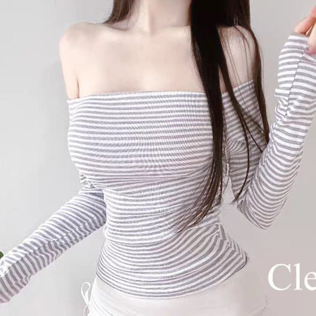 South Korea Dongdaemun New Products Classic Every Year ~ Sexy Shoulder Striped Tight Long Sleeve T-shirt se