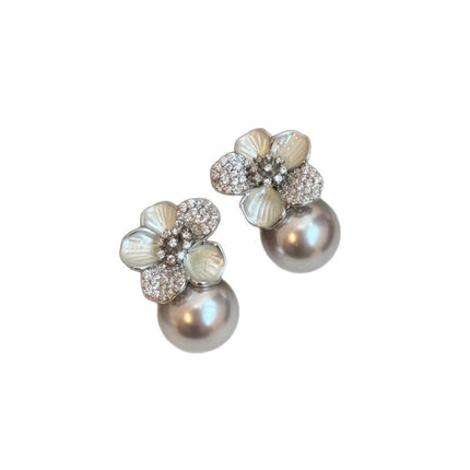 Light Luxury Elegant Flower Pearl Earrings Women's Niche Design High-End Zircon Earrings French Earrings Korean Style