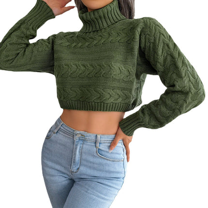 Clearance Sale Real Photos Autumn and Winter European and American Casual Cable Knit Long-Sleeve High-Neck Cropped Sweater Independent Site Cross-Border Women's Clothing