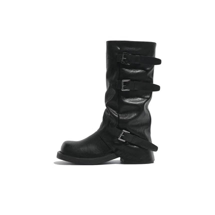 Thick-Soled Belt Buckle Trouser Boots for Women, Pleated Soft Leather Square and Round Toe Mid-Calf Boots, Autumn and Winter New High-Top Knight Boots