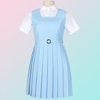 Aqua color (dress) + women's white pointed collar short-sleeved shirt + belt / XS