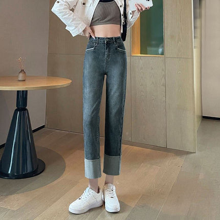 Black pipe pants women's autumn and winter 2023 new slimming high waist jeans small curling cropped straight pants