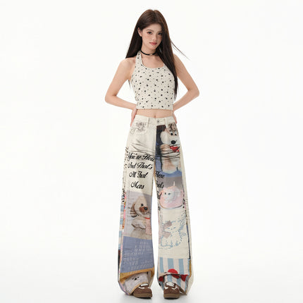 Raccoon House # American Retro Niche Fun Print Series Module Image Design Loose Wide-Leg Jeans Trendy