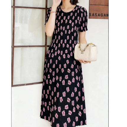 Miyake pleated 2025 summer new temperament round neck printed pleated skirt fashion waist thin magic dress