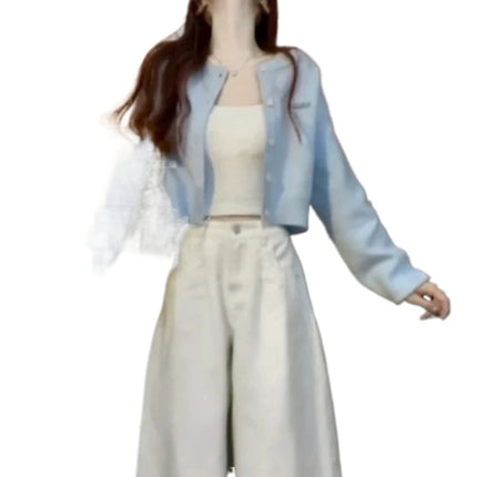 Autumn New Fashion Short Blue Knitted Cardigan Wide Leg Pants Lazy Style Two-piece Suit for Women