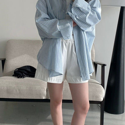Polo Collar Light Blue Long-Sleeved Stripesd Shirt for Women Autumn and Summer Korean Chic New Style Loose Cardigan Top for Women
