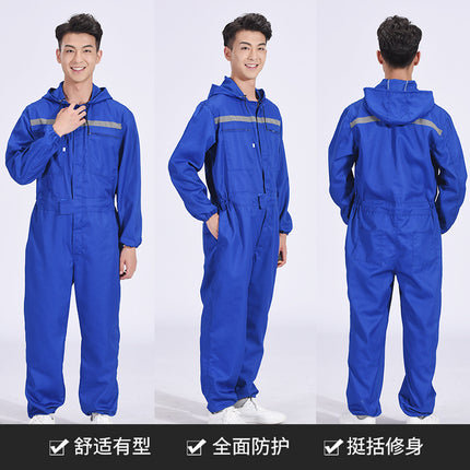 Men's One-Piece Work Suit, Dustproof, with Reflective Strips, for Shipyard Workers, Mechanical Repair, Aquaculture Factory, Labor Protection Clothing, Hooded Workwear, Large Size