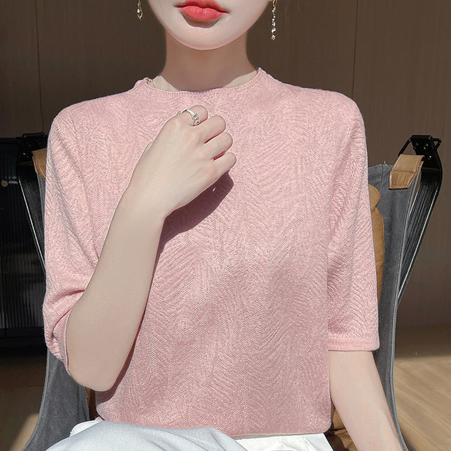 Spring and Summer Worsted Wool Short-Sleeved Women's Round Neck Quarter-Sleeved Knitted T-Shirt Loose Cut Out Half-Sleeved Bottoming Top for Women