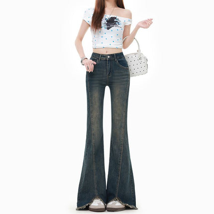 Off-White American-Style Spicy Girl Flared Jeans for Women, 2025 Summer New High-Waisted Slimming Bootcut Jeans with Frayed Edges