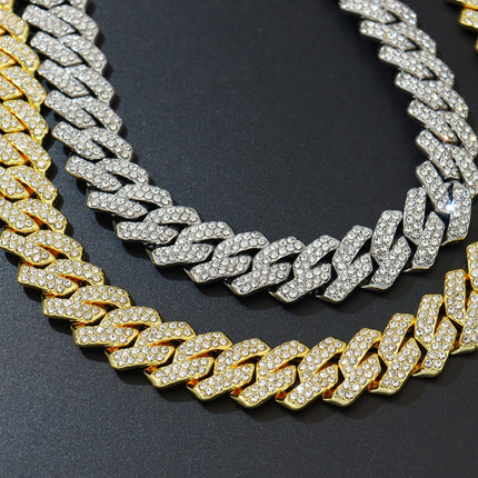 Cross-Border Jewelry 14mm Diamond-Shaped Cuban Chain Wide European and American Hip-Hop Full Diamond Double-Row Diamond Necklace Accessories Necklace