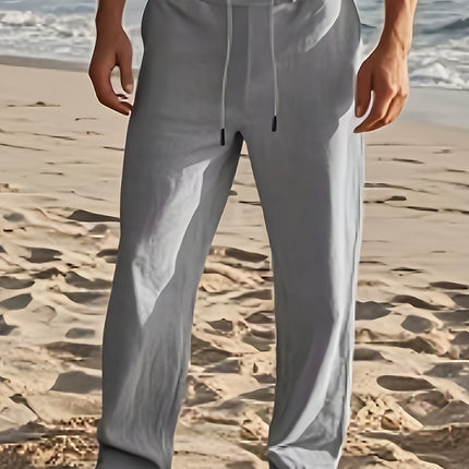 Men's Casual Linen Drawstring Pants Olive Green Loose Cross-Border