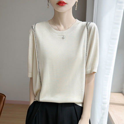 Breathable Tencel 26 New Summer Women's Round Neck Short Fashion T-Shirt Thin Base Shirt with Rhinestones Short Sleeve Top