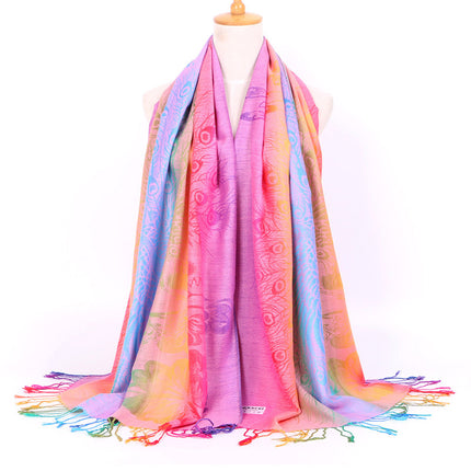 Ethnic Style Women's Vintage Jacquard Scarf Jacquard Cotton Feather Travel Spring and Autumn Long Shawl Warm Air Conditioning D01