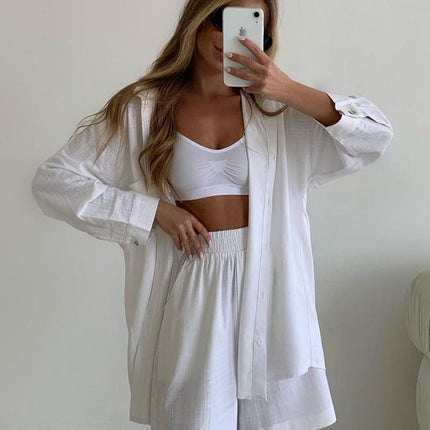 2024 spring European and American new solid color single-breasted long sleeve shirt loose fashion casual shorts suit in stock