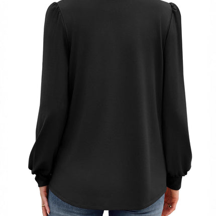 European and American Amazon Cross-Border Autumn and Winter New Long-Sleeved Shirt Small Stand-Up Collar Pleated Front Shirt Casual T-Shirt Top for Women