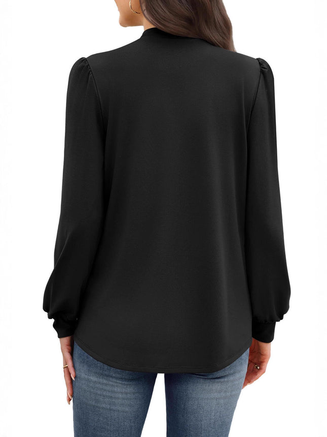 European and American Amazon Cross-Border Autumn and Winter New Long-Sleeved Shirt Small Stand-Up Collar Pleated Front Shirt Casual T-Shirt Top for Women