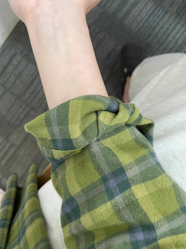 Green Plaid Shirt with Design Sense Niche 2025 Spring and Autumn New Shirt Coat High Sense Long Sleeve Top