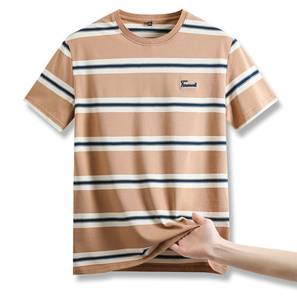 Mingdi Mouse Men's Summer New Short-sleeved Pure Cotton Crewneck T-shirt Business All-match Striped Young and Middle-aged Men's T-shirt