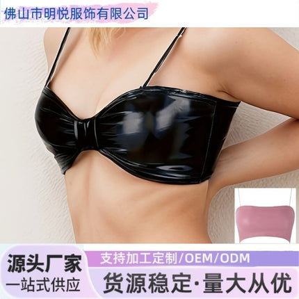 European and American Sexy Backless Cool Black Pu Leather Bow Camisole Intimates Amazon Cross-Border Supply