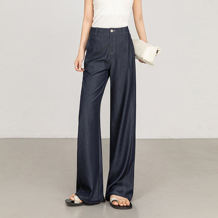 2025 Summer Thin Faux Denim Wide-Leg Pants for Women, High-Waisted Floor-Length Loose Banana Scimitar Pants, Slimming