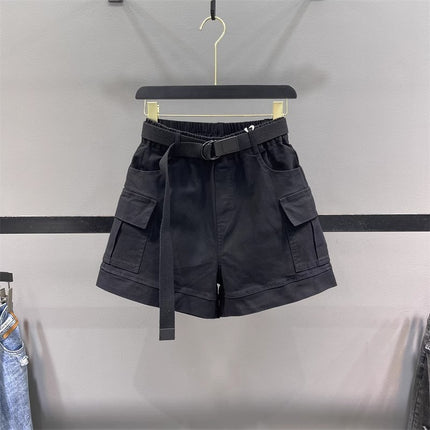 American-Style Military Green Pocket Cargo Denim Shorts for Women, 2025 New Summer High-Waisted Loose A-Line Wide-Leg Hot Pants