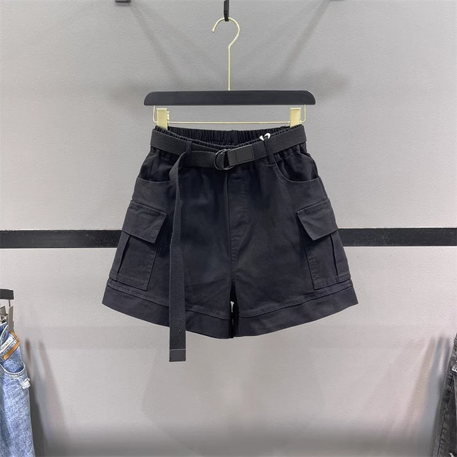 American-Style Military Green Pocket Cargo Denim Shorts for Women, 2025 New Summer High-Waisted Loose A-Line Wide-Leg Hot Pants