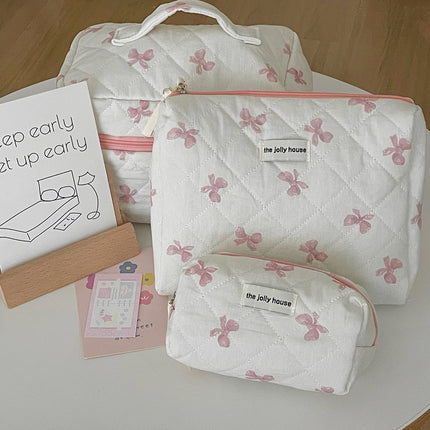 Blue Powder Satin Bow Makeup Bag Wash Bag Student Pink Sweet Portable Large Capacity Quilted Storage Bag