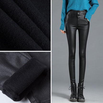Women's Faux Leather Leggings for Outerwear, Popular Style, Extended Length, High-Waisted, Slimming, Matte Pu Imitation Leather, Skinny Pants, Trendy for Autumn 2025