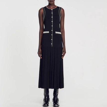 Light Luxury Handmade Beaded Slim-fit Knitted Sleeveless Black Dress Women's Summer New Mid-length dress to Ankle
